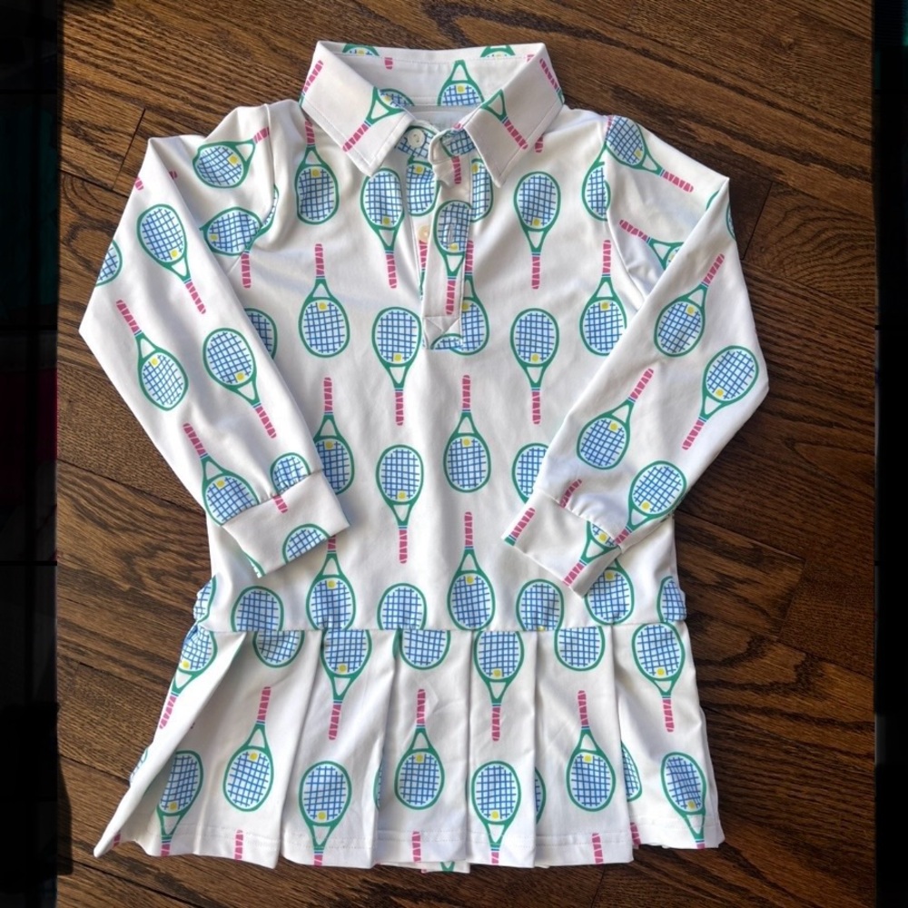 Cecil & Lou Collared Long Sleeve Tennis Racket Print Dress with Pleats Size 4T